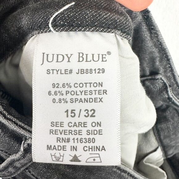 Judy Blue Button Fly Skinny Jeans Size 15/32 Black Distressed Raw Chewed Hem - Picture 8 of 8